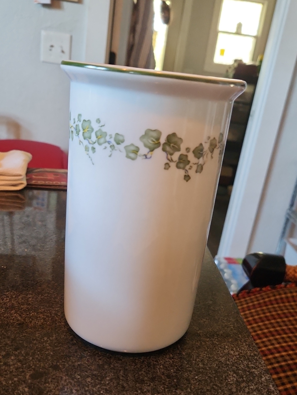 Corelle White Ceramic Utensil Holder with Green Ivy Border